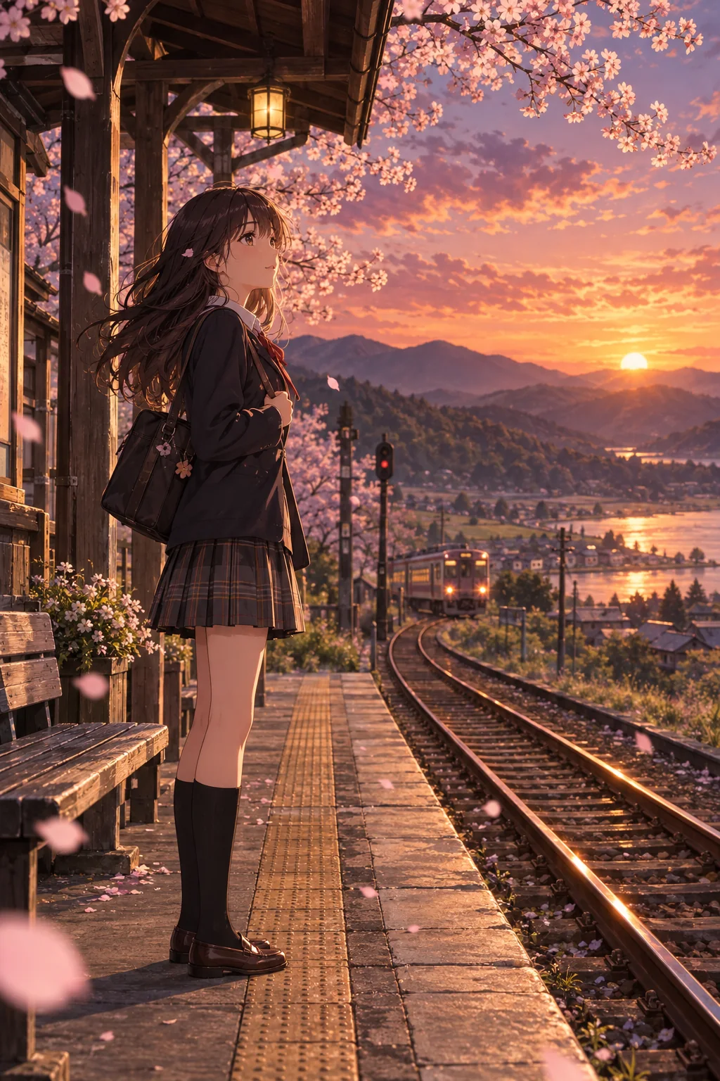 AI-generated image for the prompt: Anime key visual of a girl waiting on a rural train platform at dusk, cherry blossom petals in the wind, warm sunset glow, detailed background art.