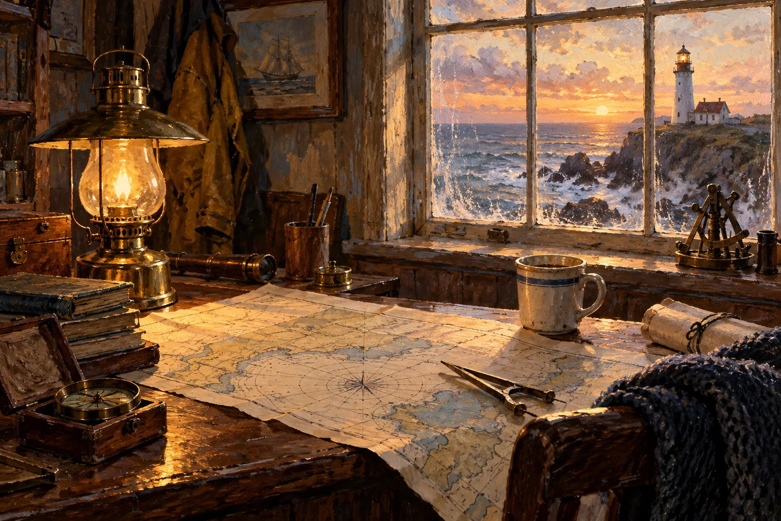 AI-generated image for the prompt: A lighthouse keeper's desk at dawn, brass lamp, nautical maps and a cold cup of tea, oil painting with visible brushwork, warm light through a salt-streaked window.