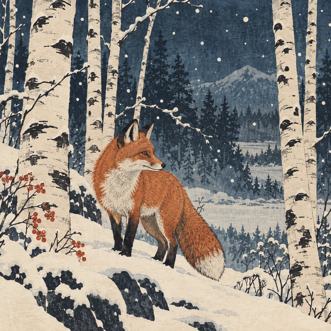 AI-generated image for the prompt: A curious fox in a snowy birch forest, Japanese woodblock print style, muted indigo and vermilion, visible paper grain.