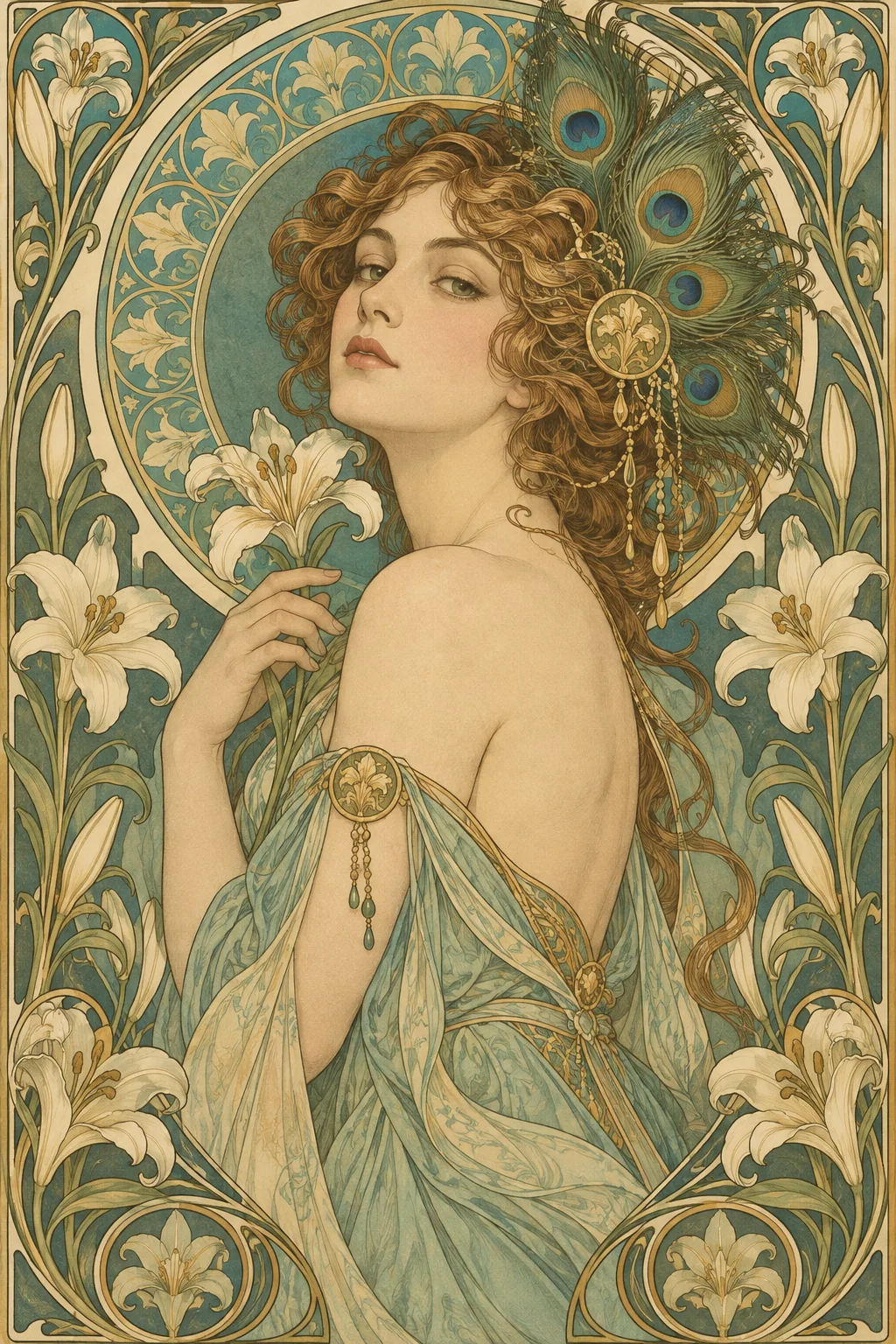 AI-generated image for the prompt: Art nouveau poster of a woman with peacock feathers in her hair, flowing gold ink linework, muted teal and cream, Alphonse Mucha inspired, ornamental border of lilies.