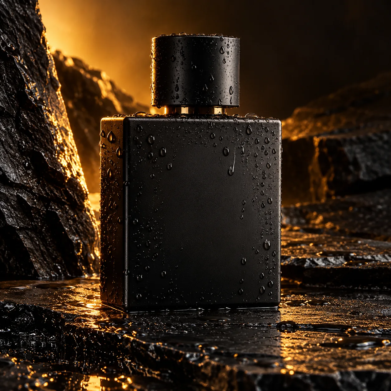 AI-generated image for the prompt: Luxury product photo of a matte black perfume bottle on wet dark slate, dramatic amber rim light, water droplets, studio advertising shot.