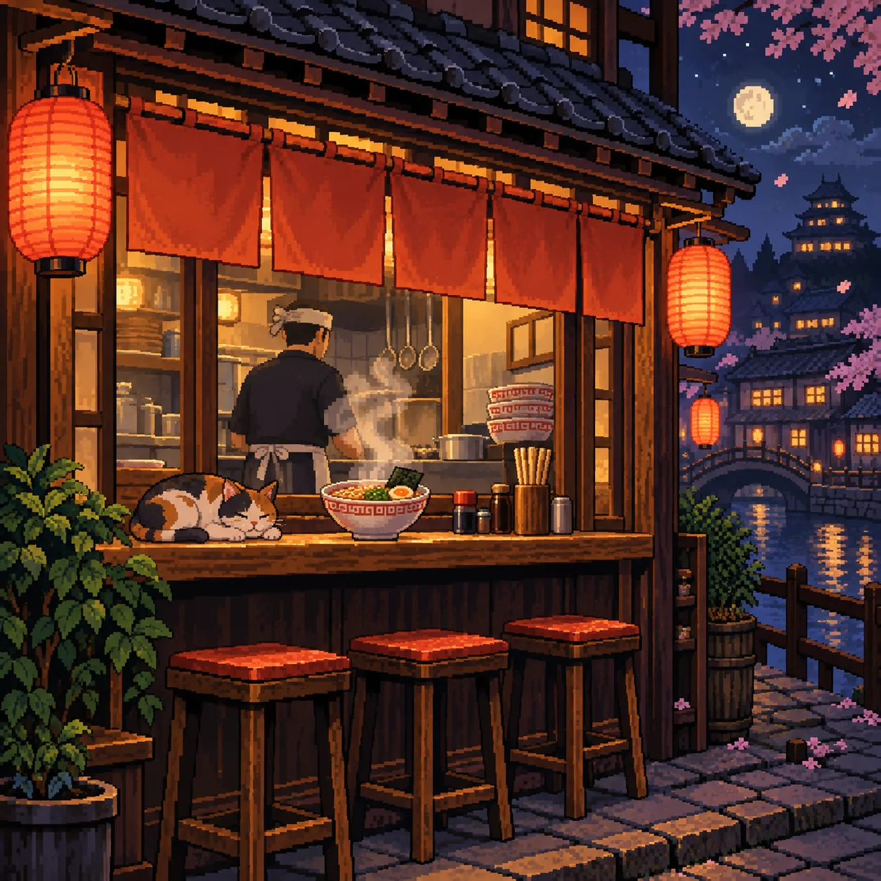 AI-generated image for the prompt: Pixel art of a cozy ramen shop at night, steam rising, paper lanterns, a cat on the counter, 32-bit era detail.