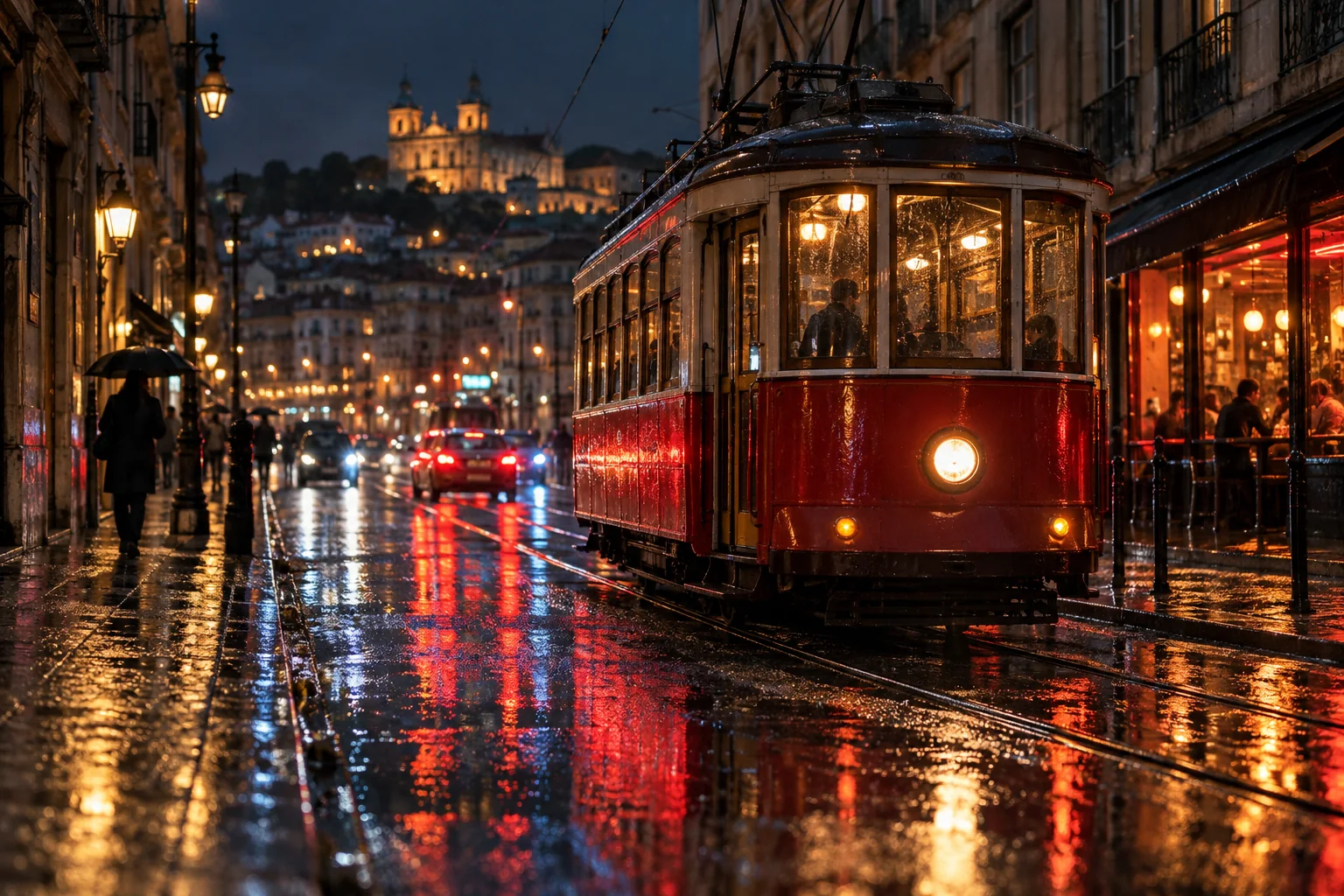 AI-generated image for the prompt: A red vintage tram on a rainy city street at night, neon reflections on wet asphalt, cinematic 35mm photo, shallow depth of field.