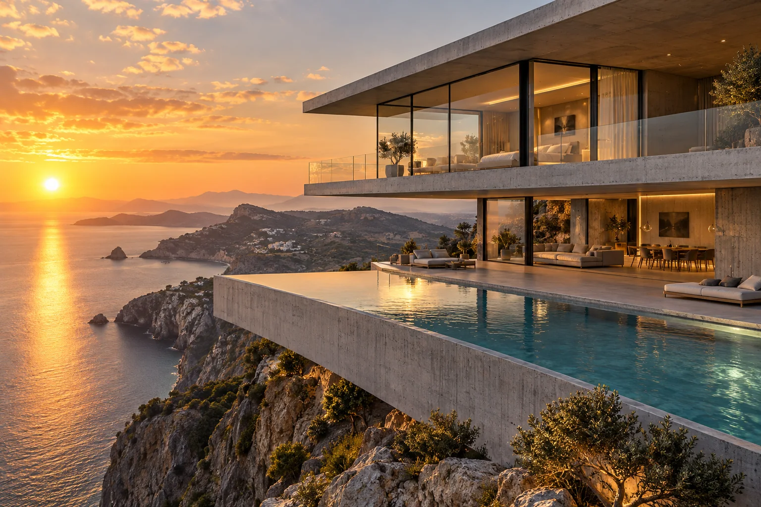 AI-generated image for the prompt: Architectural visualization of a concrete and glass villa cantilevered over a cliff at golden hour, infinity pool reflecting the sky, photoreal, wide angle.