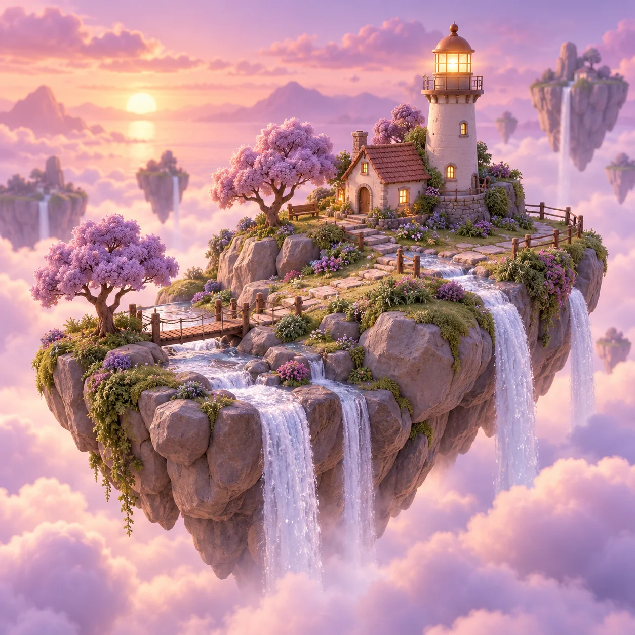 AI-generated clay render of a floating island with a tiny lighthouse, made with PromptRewind