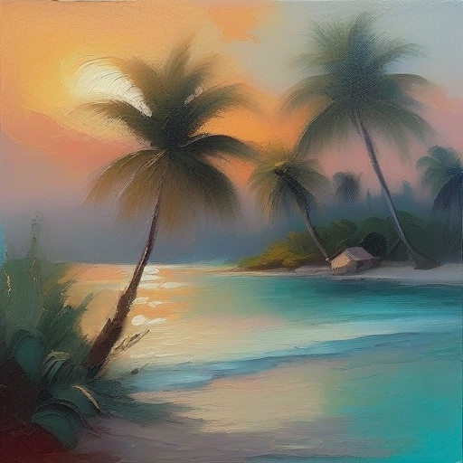 Example output: a brand-new impressionist oil painting of a tropical beach at golden hour