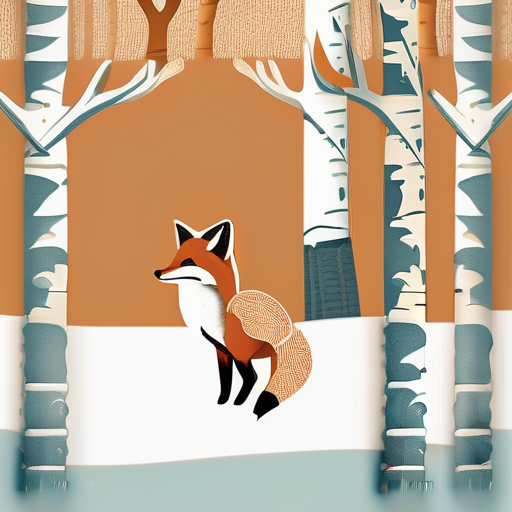 AI-generated image: A curious fox in a snowy birch forest, Japanese woodblock print style