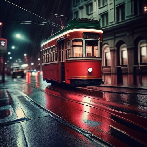 AI-generated image: A red vintage tram on a rainy city street at night, cinematic photo
