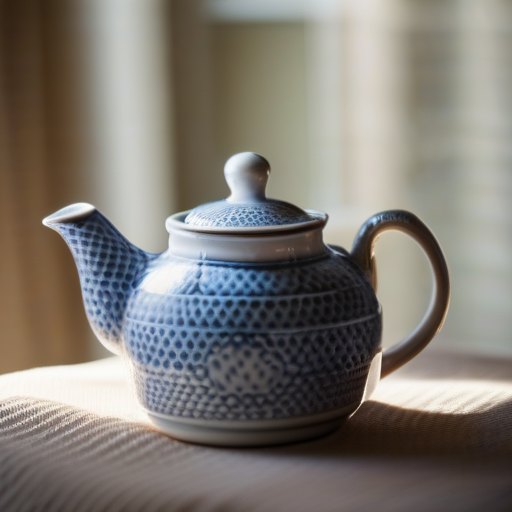 Example photo of a blue ceramic teapot in window light